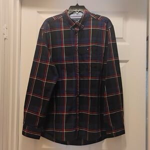 Tommy Hilfiger ClassicFit Plaid Shirt Gray Navy Blue Business Casual Fall Size L